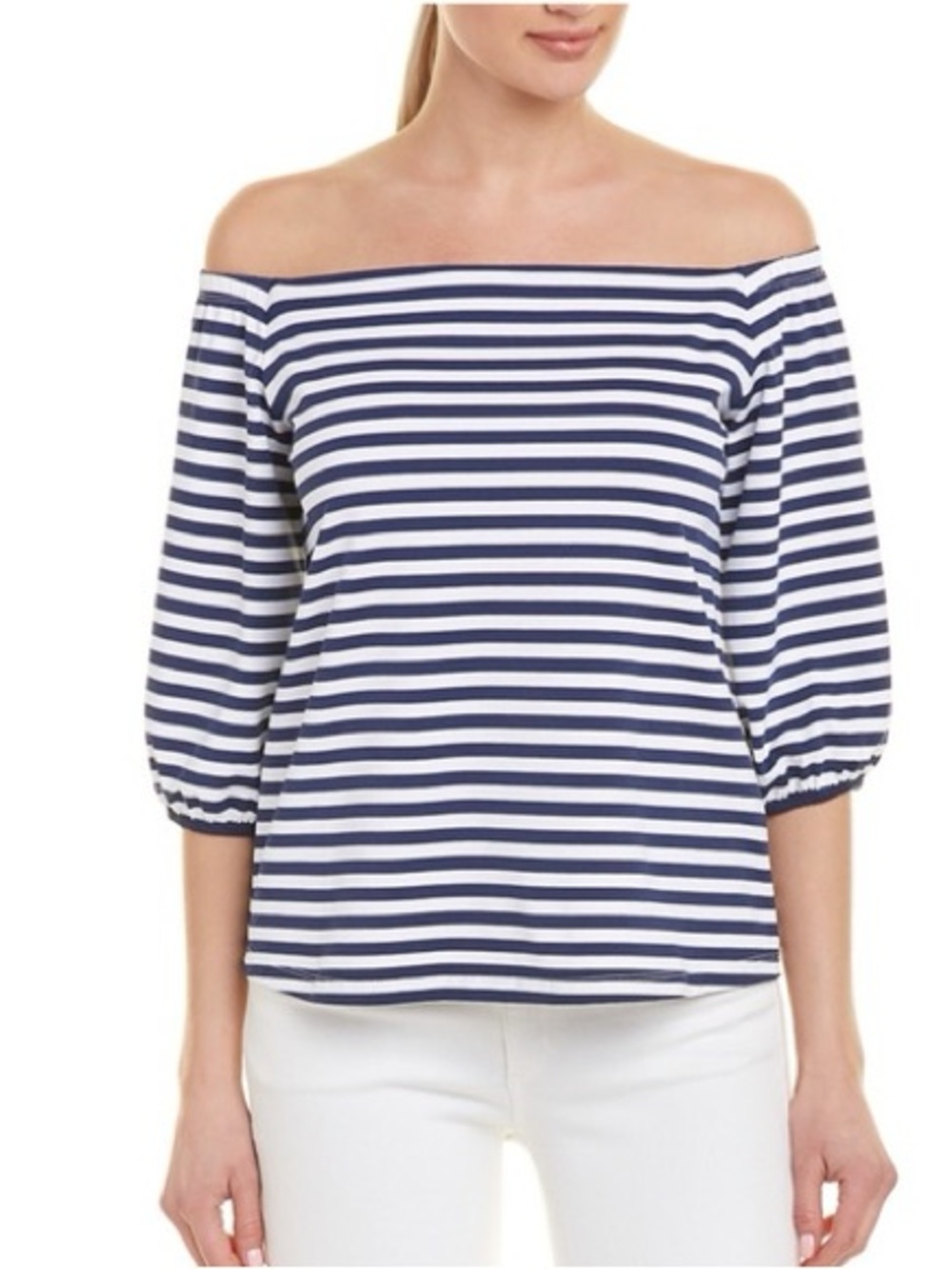 J.McLaughlin Navy Blue White Striped Kay Bangle Off Shoulder Top Size XL